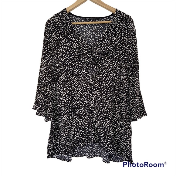 ZARA BLACK/WHITE PRINT PEPLUM TOP/BLOUSE WITH RUFFLE NECK, BELL SLEEVES, XS - Picture 1 of 9